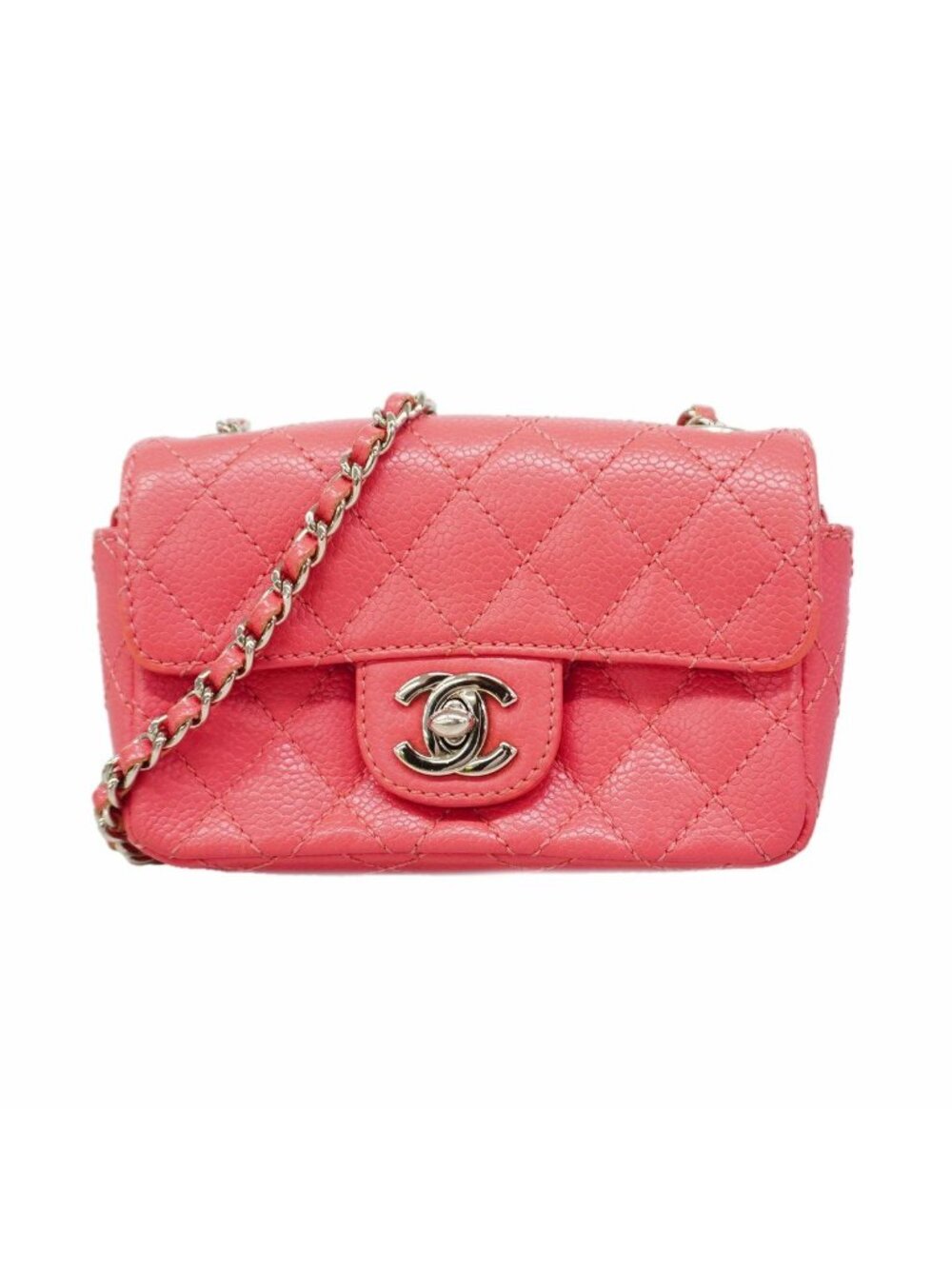 Chanel Shoulder Bag Mini Quilted Caviar Leather Pink Silver